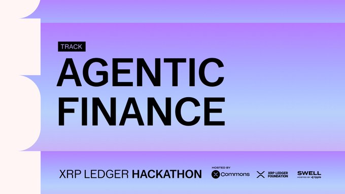 The image is a promotional banner for the "Agentic Finance" track of the XRP Ledger Hackathon, featuring hosts Commons, XRP Ledger Foundation, and Swell. It pairs with the post about Ankr Agent RPC enabling AI agents to natively access XRPL via MCP, tying the hackathon's agentic finance focus to a practical tool for building AI-powered XRPL applications.