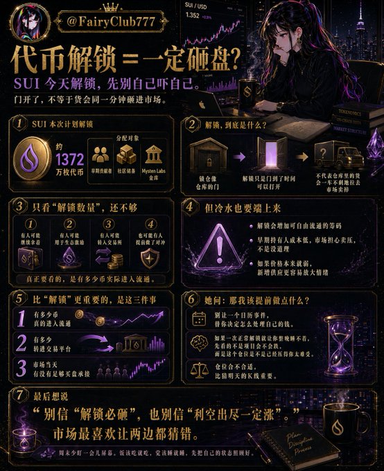 This infographic discusses the SUI token unlock, explaining that it doesn't necessarily mean a market dump and advises investors not to panic. It clarifies what token unlocks are and highlights key factors to consider beyond just the unlock amount.