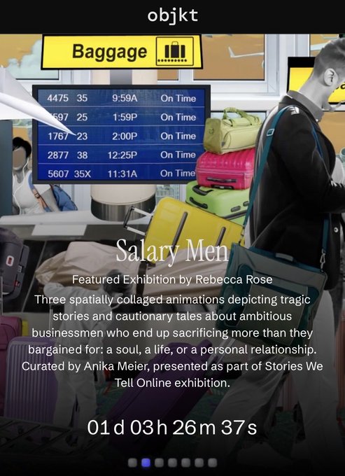 An Instagram story from "objkt" advertises "Salary Men," a featured exhibition by Rebecca Rose, curated by Anika Meier, with a countdown timer showing 01d 03h 26m 37s.