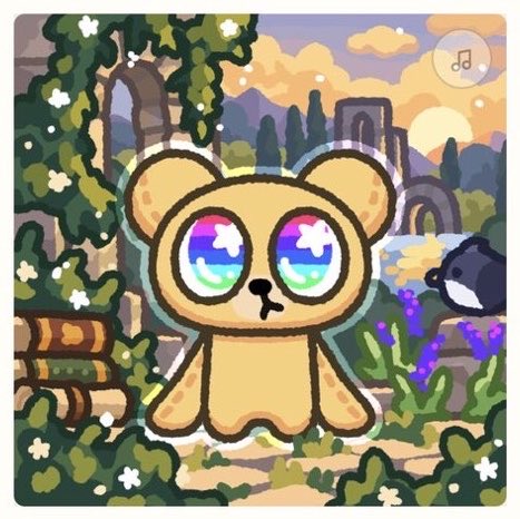 A digital illustration of a cute cartoon bear with large rainbow-colored eyes sitting in a lush garden setting with greenery, flowers, ancient ruins, and a sunset in the background.
