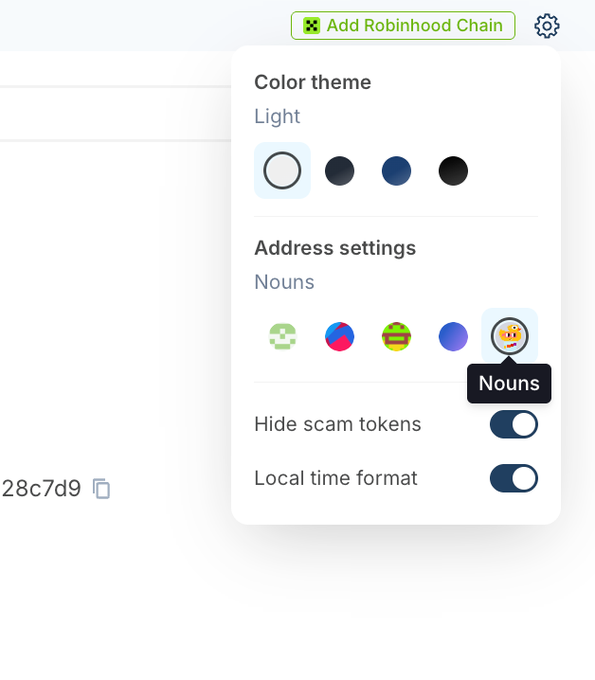 A settings menu interface showing options for Color theme (Light), Address settings (Nouns icon selected), Hide scam tokens, and Local time format, with an 'Add Robinhood Chain' button visible.
