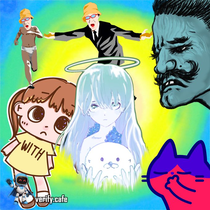 A colorful collage featuring a chibi girl wearing a 'WITH' shirt, anime characters, a haloed figure, and various drawn faces against a yellow and blue gradient background.