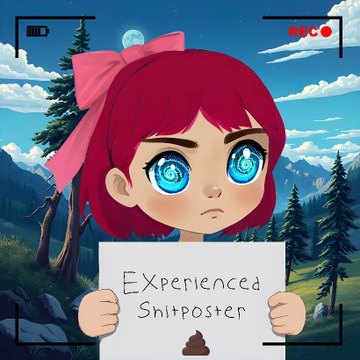 A chibi-style cartoon character with red hair, a pink bow, and blue eyes holds a handwritten sign reading 'EXperienced Shitposter' with a poop emoji, set in a mountain landscape.