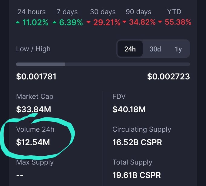 A cryptocurrency market data panel for CSPR displays a 24-hour trading volume of $12.54M, circled in teal, which supports the claim of unusually high daily volume. The token shows mixed performance with gains of 11.02% over 24 hours but losses of 55.38% YTD, with a market cap of $33.84M and 16.52B circulating supply.