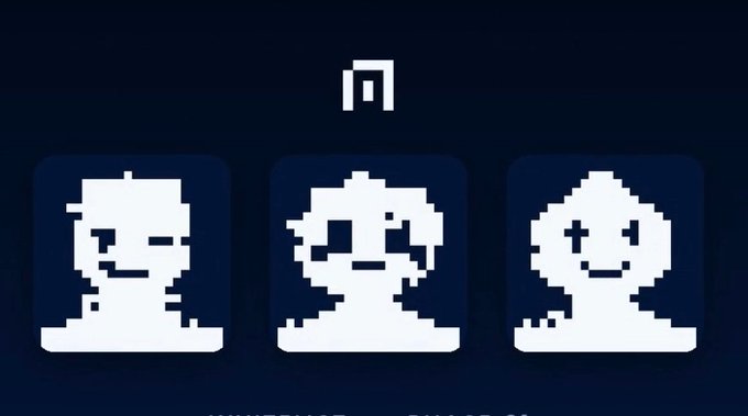 Three pixelated white character portraits on a dark blue background, featuring different face designs with a small icon above them.