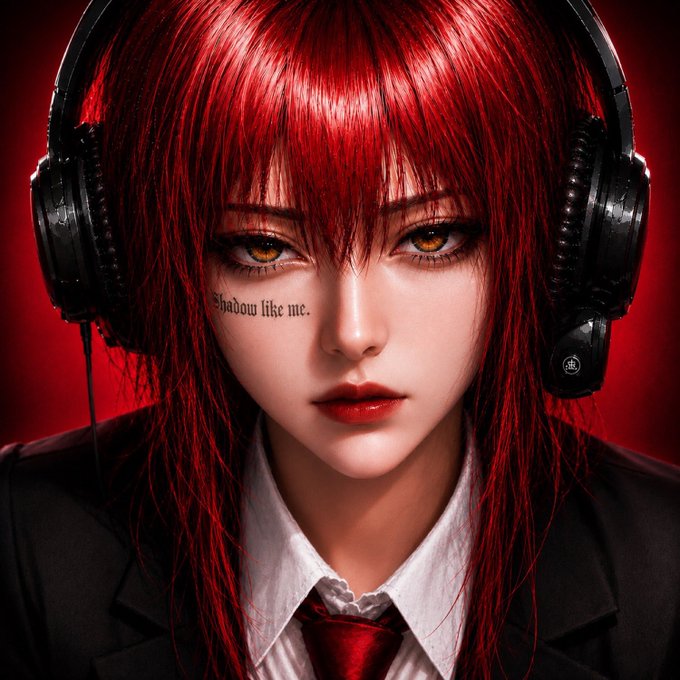 A stylized digital portrait of an anime-style woman with long red hair, amber eyes, and black headphones, wearing a black suit with a red tie; a small tattoo on her cheek reads 'Shadow like me.'