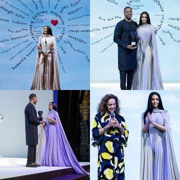 A collage of four photos shows two well-dressed individuals, a man in a black suit and a woman in a light purple gown, presenting an award on a stage with text written on the backdrop behind them.