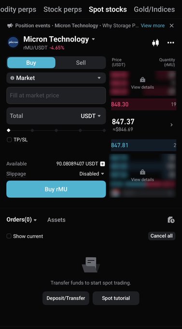 A cryptocurrency trading interface shows a Buy order for Micron Technology (rMU/USDT) at 848.30 USDT, with a total of 847.37 USDT and a balance of 90.08089407 USDT available.