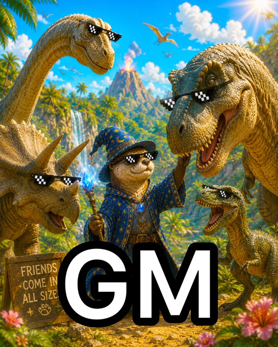 A vibrant illustration of dinosaurs and a wizard cat all wearing 'thug life' pixel sunglasses, with a 'GM' text overlay and a sign reading 'FRIENDS COME IN ALL SIZES'.