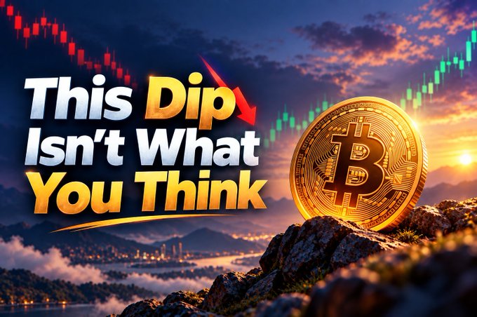 A dramatic graphic showing a large gold Bitcoin coin on a rocky peak at sunset with the text 'This Dip Isn't What You Think' and a red downward candlestick chart arrow.