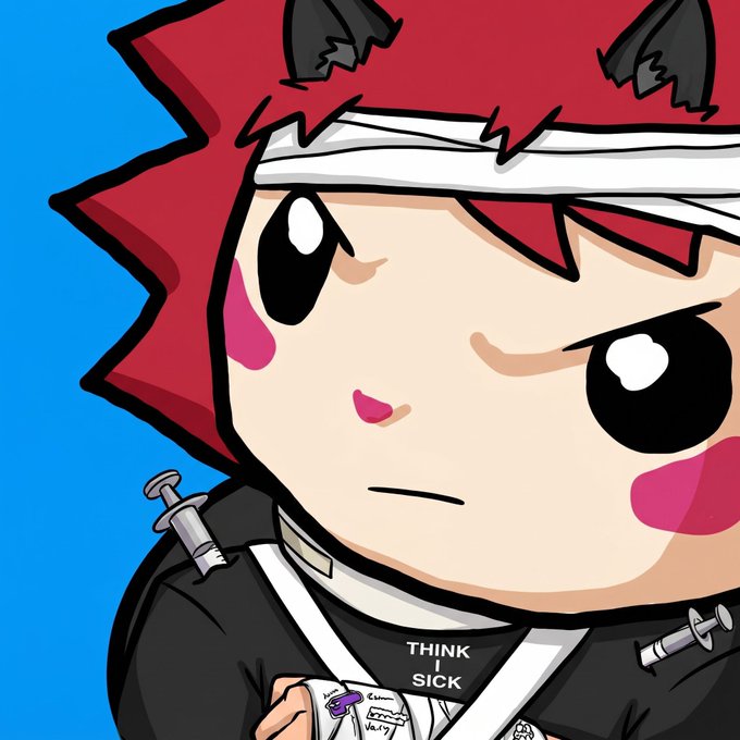 A cartoon-style anime character with spiky red hair, a white bandage around their forehead, and a dark outfit with syringes, against a blue background, with text reading "THINK I SICK."