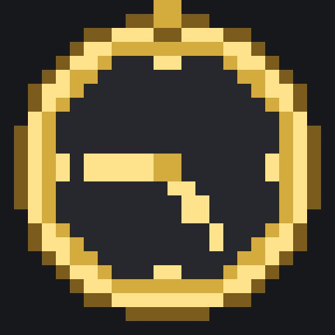 A pixel art golden ring or medal with a bow at the top, featuring a small white design inside, set against a black background.
