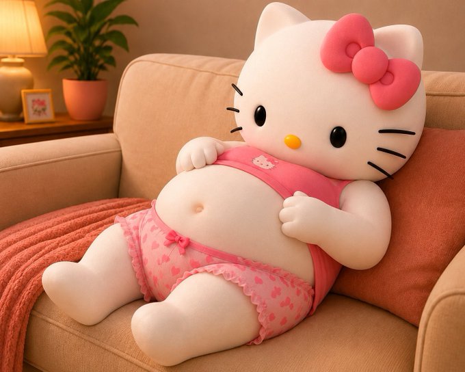 A Hello Kitty plush figure with a chubby belly, wearing pink heart-patterned underwear and her signature red bow, lounges on a beige couch in a cozy living room setting—a playful, cat-themed twist on the "gmeow" meme pairing meme stock culture with the iconic feline character.