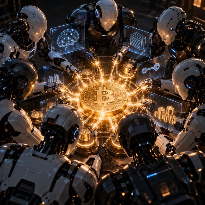 A sci-fi digital artwork features multiple humanoid robots gathered in a circle around a glowing golden Bitcoin symbol, with holographic screens displaying various icons.