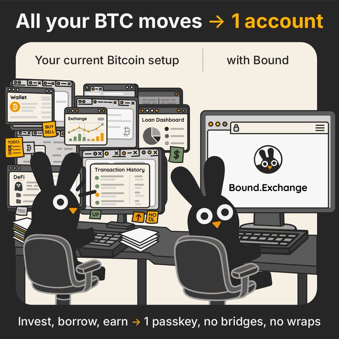 The image shows two cartoon rabbits sitting at a computer desk, with a computer monitor displaying a website called "bound.exchange" that has a message about Bitcoin trading. The text in the image suggests that there are multiple accounts associated with this Bitcoin setup, which can be accessed through the provided link on the website.
