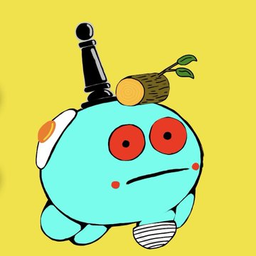 A round blue cartoon character with big red eyes, a log on its head, and what appears to be a chess piece or bowling pin on top, set against a yellow background.
