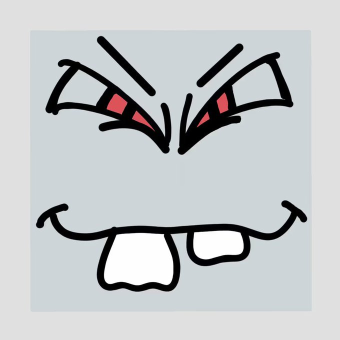 A cartoon-style angry face illustration with sharp red eyes, furrowed eyebrows, and buck teeth set against a light blue background.