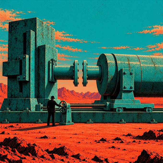 A surreal digital illustration showing a silhouetted man in a hat and coat operating a valve wheel on a massive industrial machine, set against a Martian-like red landscape with teal-orange sky.