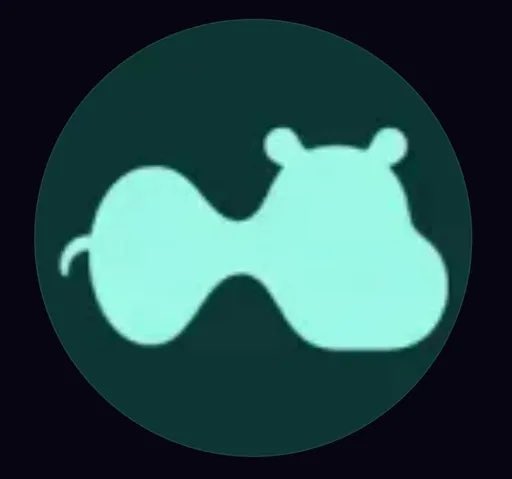 A minimalist illustration featuring a light teal silhouette of a hippo wearing sunglasses inside a darker teal circle.