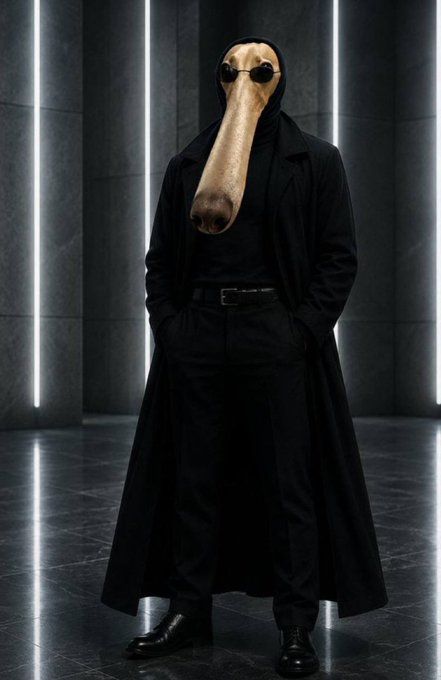 A figure in a long black coat stands confidently in a sleek, neon-lit room, wearing an uncanny bird-like mask with a long beak and small round sunglasses. The post's caption "unfazed." perfectly matches the figure's poised, unbothered stance despite the surreal and unsettling appearance.
