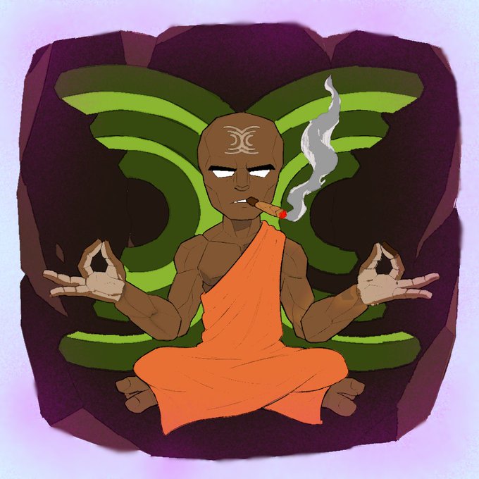 An animated illustration of a meditating monk in orange robes sitting in a lotus position with glowing white eyes, holding a smoking cigar, with a Pisces-like symbol on his forehead against a green swirling background.