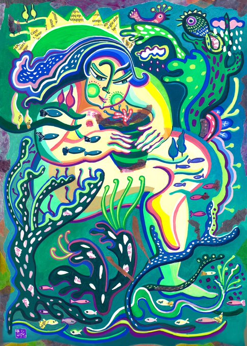 A vibrant, psychedelic painting of a woman embracing green, serpentine creatures filled with fish, surrounded by coral-like forms and a bird in vivid blues, greens, and pinks.