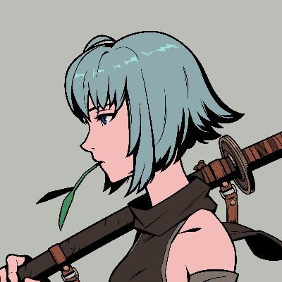 Side-profile illustration of an anime character with short teal hair, holding a sword over their shoulder and a green leaf in their mouth.
