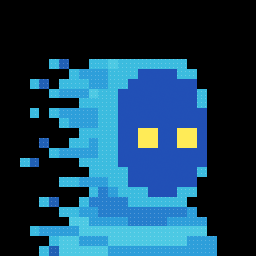 A pixel art ghost-like figure rendered in shades of blue and cyan, with two glowing yellow eyes, appears to be dissolving or trailing off into scattered pixels on its left side. The icy, fluid aesthetic and the figure's fragmented, trailing form visually represent the caption's metaphor of having "ice in my veins," evoking a cold, unshakeable composure while tying into the @zksnarks_ reference to cryptographic zero-knowledge proofs, often symbolized by ethereal digital imagery.