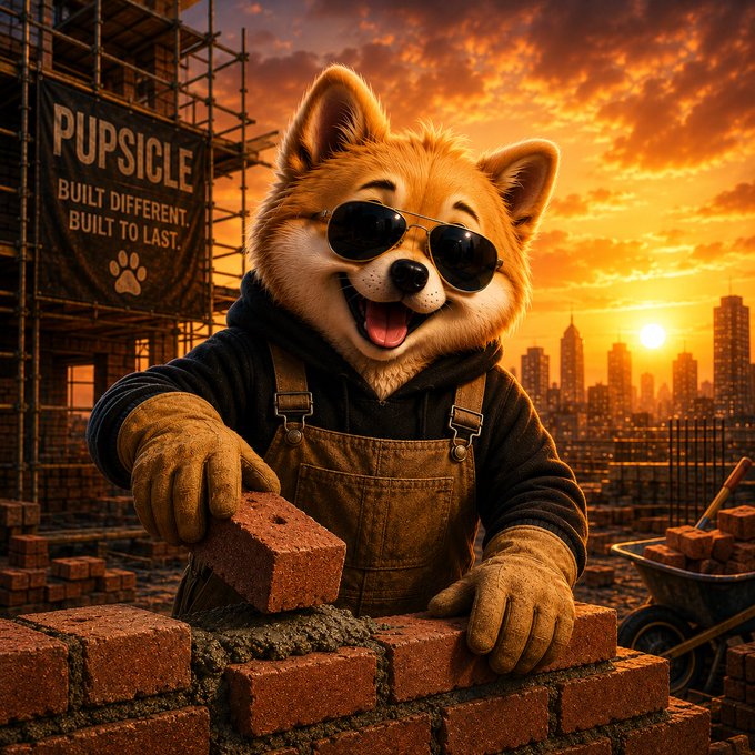 An anthropomorphic Shiba Inu wearing sunglasses and overalls lays bricks at a construction site with a 'PUPSICLE - Built Different, Built to Last' banner against a sunset city skyline.