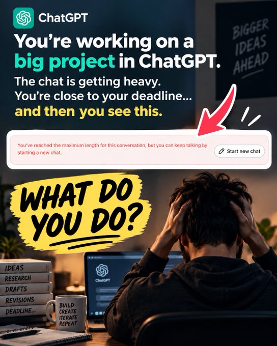 An infographic about ChatGPT showing a user looking stressed at a computer, with text explaining what to do when you reach the maximum conversation length and need to start a new chat.