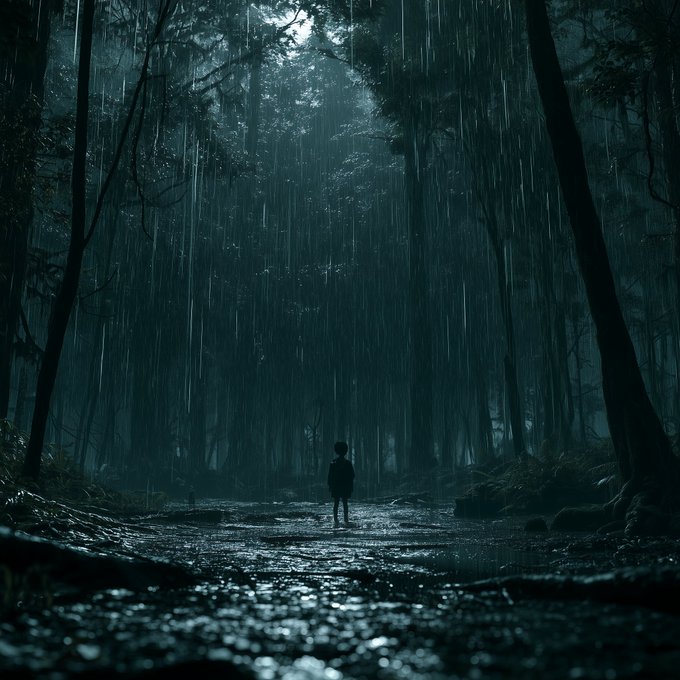 A moody, atmospheric image of a small silhouetted figure standing alone on a path in a dark forest during heavy rain, with faint light breaking through the trees.