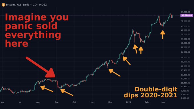 A Bitcoin/U.S. Dollar 1D chart displaying a strong uptrend from June to March, highlighting several double-digit dips (20-30%) during the 2020-2021 bull market with orange arrows, accompanied by the warning "Imagine you panic sold everything here," visually reinforcing the post's message against panic selling during bull market corrections.