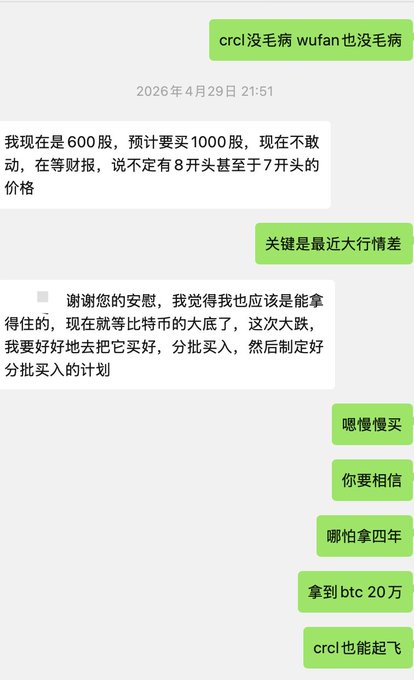 A Chinese chat conversation dated April 29, 2026 shows two people discussing investment strategies for CRCL (Circle) stock, with one user mentioning they hold 600 shares and plan to buy 1000 total while waiting for earnings reports, and the other responding that they should buy slowly and have faith, predicting BTC could reach 200,000 and CRCL will also "take off."