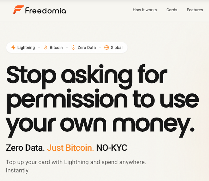 The Freedomia website homepage with the tagline 'Stop asking for permission to use your own money.' and 'Zero Data. Just Bitcoin. NO-KYC', highlighting features like Lightning, Bitcoin, Zero Data, and Global.