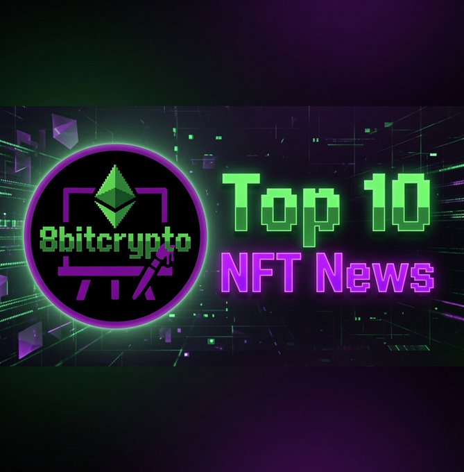 Neon-styled graphic banner for '8bitcrypto' featuring an Ethereum logo with text reading 'Top 10 NFT News' in bright green and purple against a dark digital background.