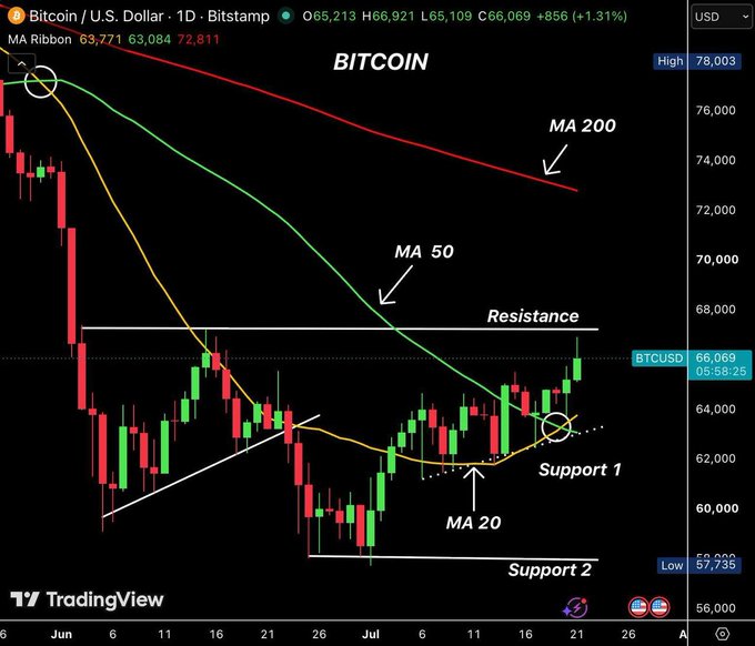 A TradingView daily chart of Bitcoin/U.S. Dollar on Bitstamp showing BTCUSD at $66,069 (+1.31%), with annotations for MA 200, MA 50, MA 20, and key resistance/support levels.