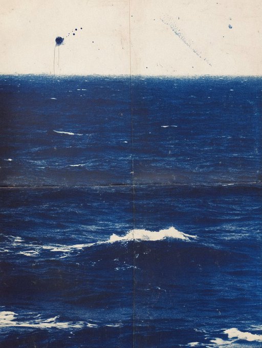 The image features a painting of an ocean scene with blue water, white clouds, and a small boat floating near the shoreline. The artist has used a unique technique by splashing paint onto the canvas instead of using traditional brushstrokes. This creates a textured effect that adds depth to the artwork. The post is about 5 hours away from the painting's location in the ocean, as indicated by the caption "gm!  5 hours left Current bid: 0.1 eth superrare.com/artwork/eth/0x".