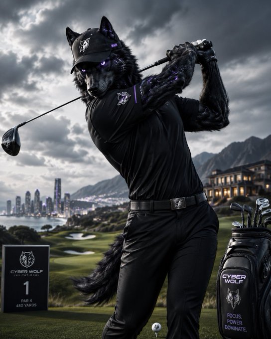 An AI-generated digital artwork depicting a humanoid wolf character in black athletic wear mid-golf swing, with 'Cyber Wolf International' branding and text 'Focus. Power. Dominate.'