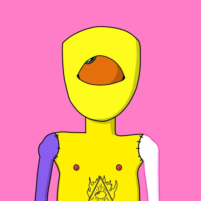 A cartoon illustration of a humanoid figure with a yellow head and body, featuring a single large eye, mismatched blue and white arms with stitch marks, and an Illuminati eye symbol on its chest, set against a pink background.