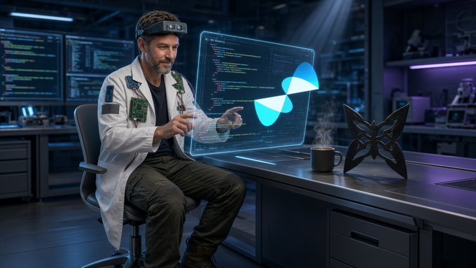 A scientist in a lab coat and smart glasses sits at a high-tech workstation reviewing a holographic code interface with a butterfly-shaped object and steaming coffee nearby, visually echoing the post's theme of diving into Quip Network's Oak Security audit and Ethereum SDK code over a morning brew.