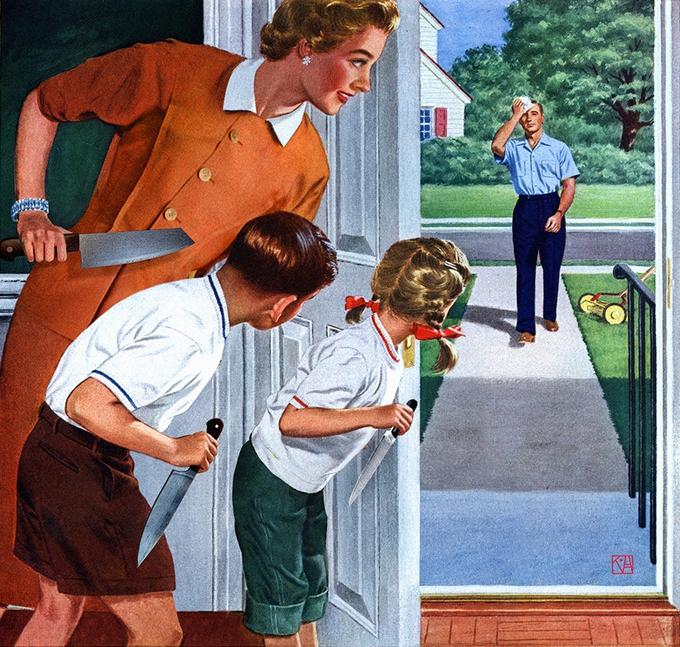 A vintage-style illustration shows a woman holding a large knife behind a boy and girl with pointed objects, while a man waves from the driveway outside.