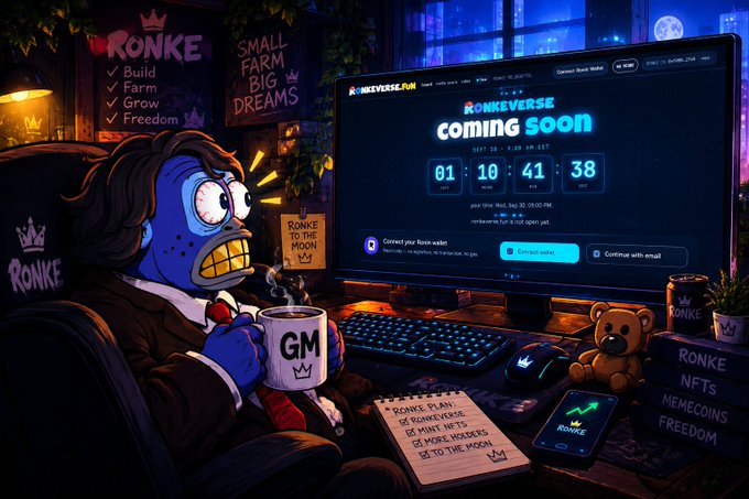 A cartoon-style illustration features a blue-skinned character wearing glasses and a suit, holding a 'GM' mug in front of a computer monitor displaying a 'RONKEVERSE coming soon' countdown timer and 'Connect Your Ronke wallet' options.