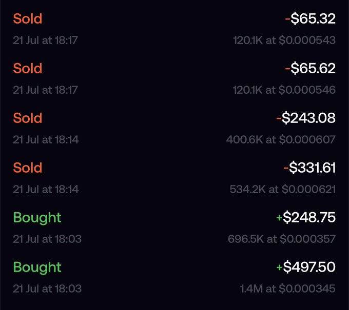 A trading history screen showing six transactions from July 21st, including two "Bought" entries totaling $746.25 (1.4M and 696.5K units) and four "Sold" entries totaling $705.63 (534.2K, 400.6K, and two 120.1K units), with prices ranging from $0.000345 to $0.000621.