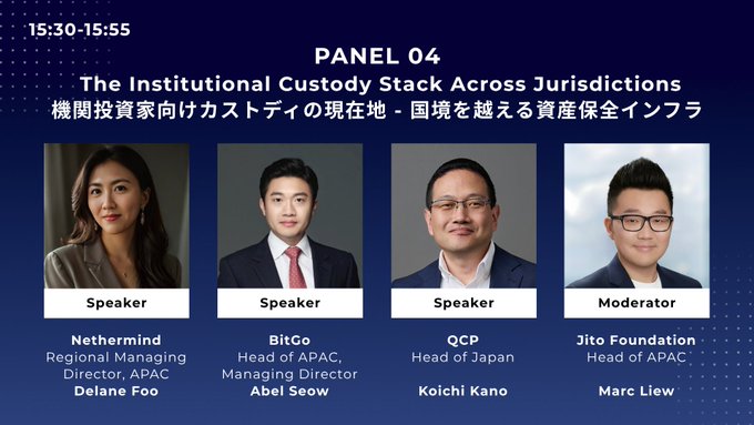 A panel announcement for 'Panel 04: The Institutional Custody Stack Across Jurisdictions' featuring speakers Delane Foo (Nethermind), Abel Seow (BitGo), Koichi Kano (QCP), and moderator Marc Liew (Jito Foundation).