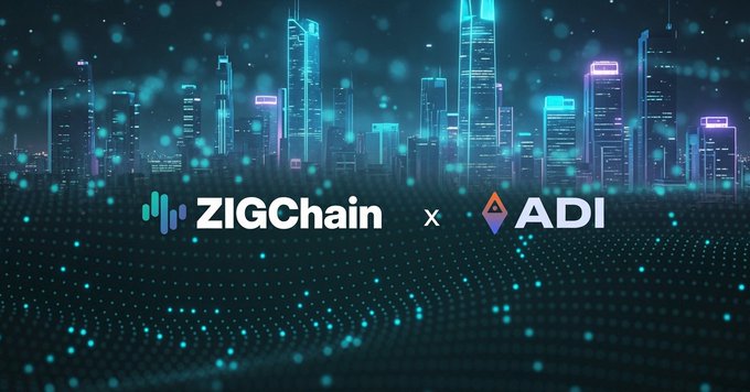 The image features a futuristic, neon-lit cityscape with the logos and names "ZIGChain" and "ADI" prominently displayed side-by-side, separated by an "x" to signify their partnership. The digital, glowing aesthetic complements the post's announcement of a collaboration between ZIGChain and ADI to evolve real-world asset (RWA) tokenization into productive, institutional-grade financial products.