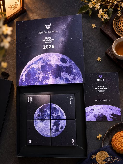 A 'XBIT' brand Mid-Autumn Festival 2026 gift box featuring moon designs, displayed with mooncakes and tea.