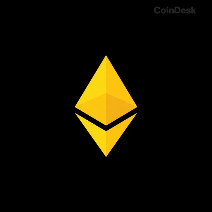 The image shows the yellow Ethereum logo (an octahedron/diamond shape) on a black background, with a "CoinDesk" watermark in the upper right corner. The logo visually represents the cryptocurrency at the center of the post's discussion about the upcoming EIP-8141 upgrade that will enable users to pay transaction gas fees using stablecoins like USDC starting in 2027.
