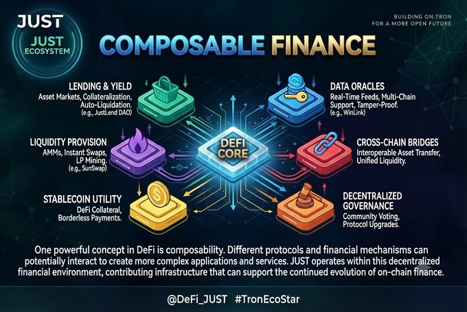 An infographic titled 'COMPOSABLE FINANCE' by JUST Ecosystem, showing a DeFi Core connected to components like Lending & Yield, Data Oracles, Liquidity Provision, Stablecoin Utility, Cross-Chain Bridges, and Decentralized Governance, tagged @DeFi_JUST #TronEcoStar.