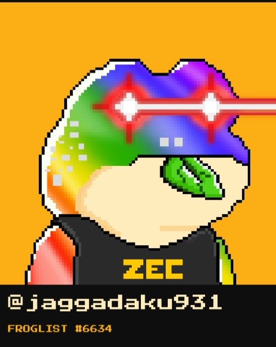 A pixel art character with rainbow-colored hair, red star-shaped glasses, a green gem eye, and 'ZEC' on their shirt, labeled '@jaggadaku931' and 'FROGLIST #6634' on a yellow background.