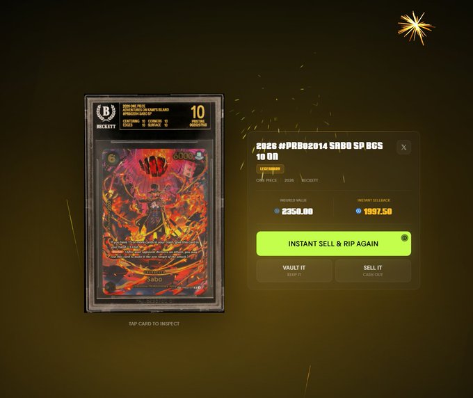 A Beckett-graded 2026 Topps WWE Mint card (PRB202614 Sabo SP BGS 10) shown on a digital trading platform with options to 'Instant Sell & Rip Again' for $1,937.50 or 'Vault It' at $2,350.00.